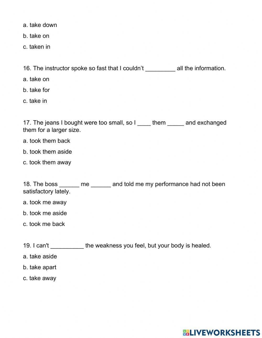 Phrasal Verb -Take (Exercise 2)