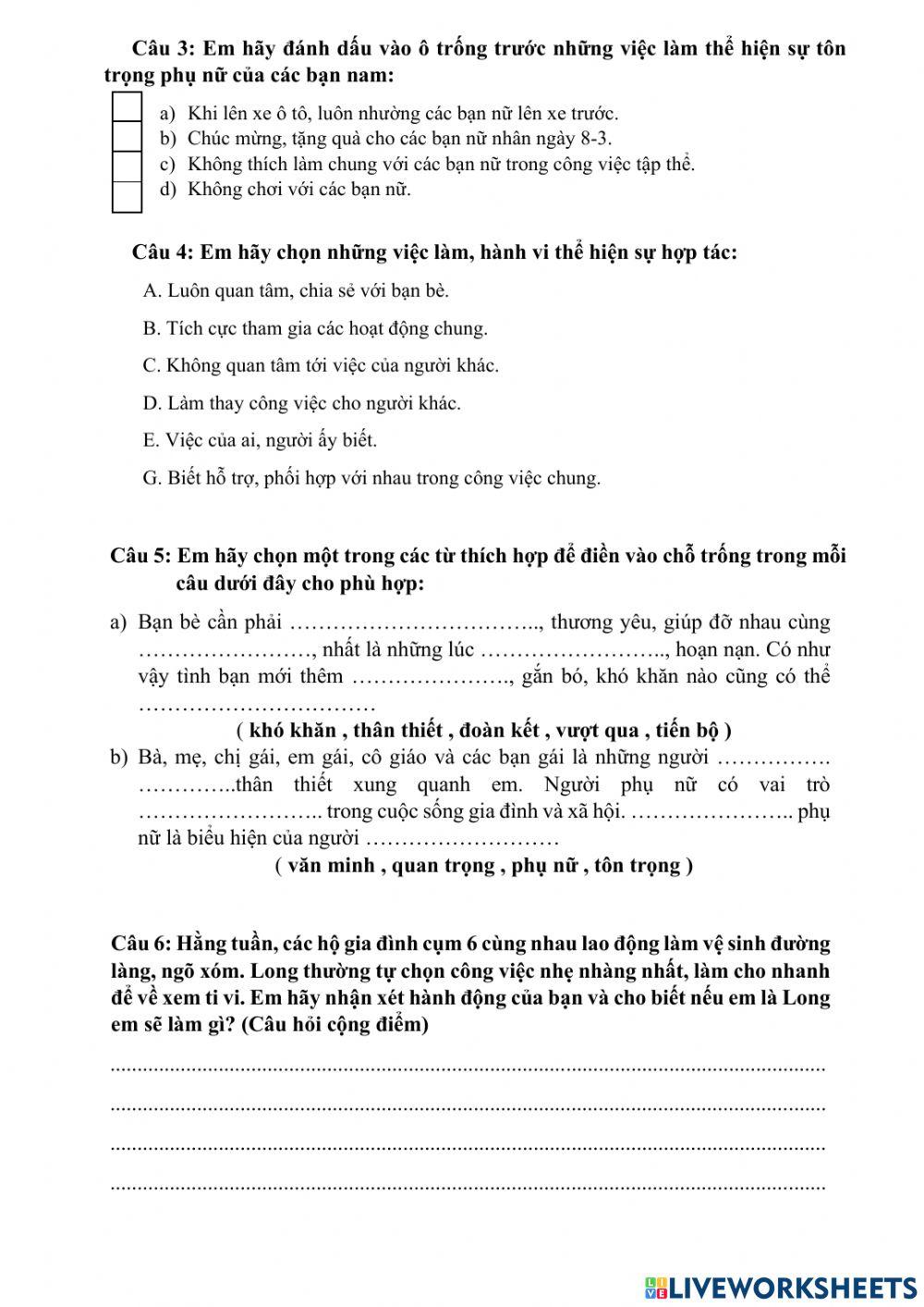 Kiểm tra cuối học kì I môn Đạo đức