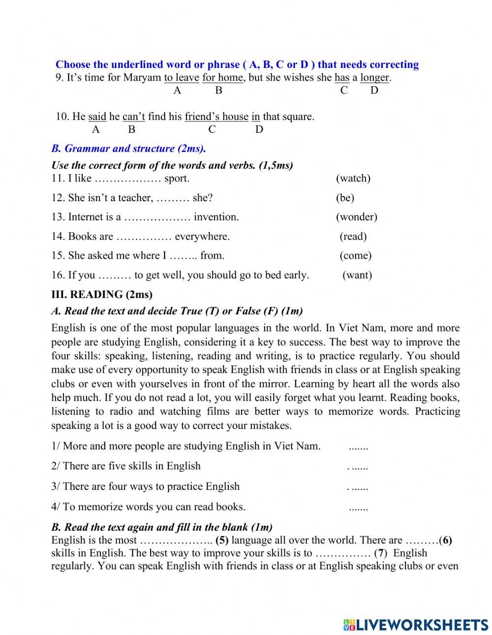 Grade 9 - The first term test - Truc