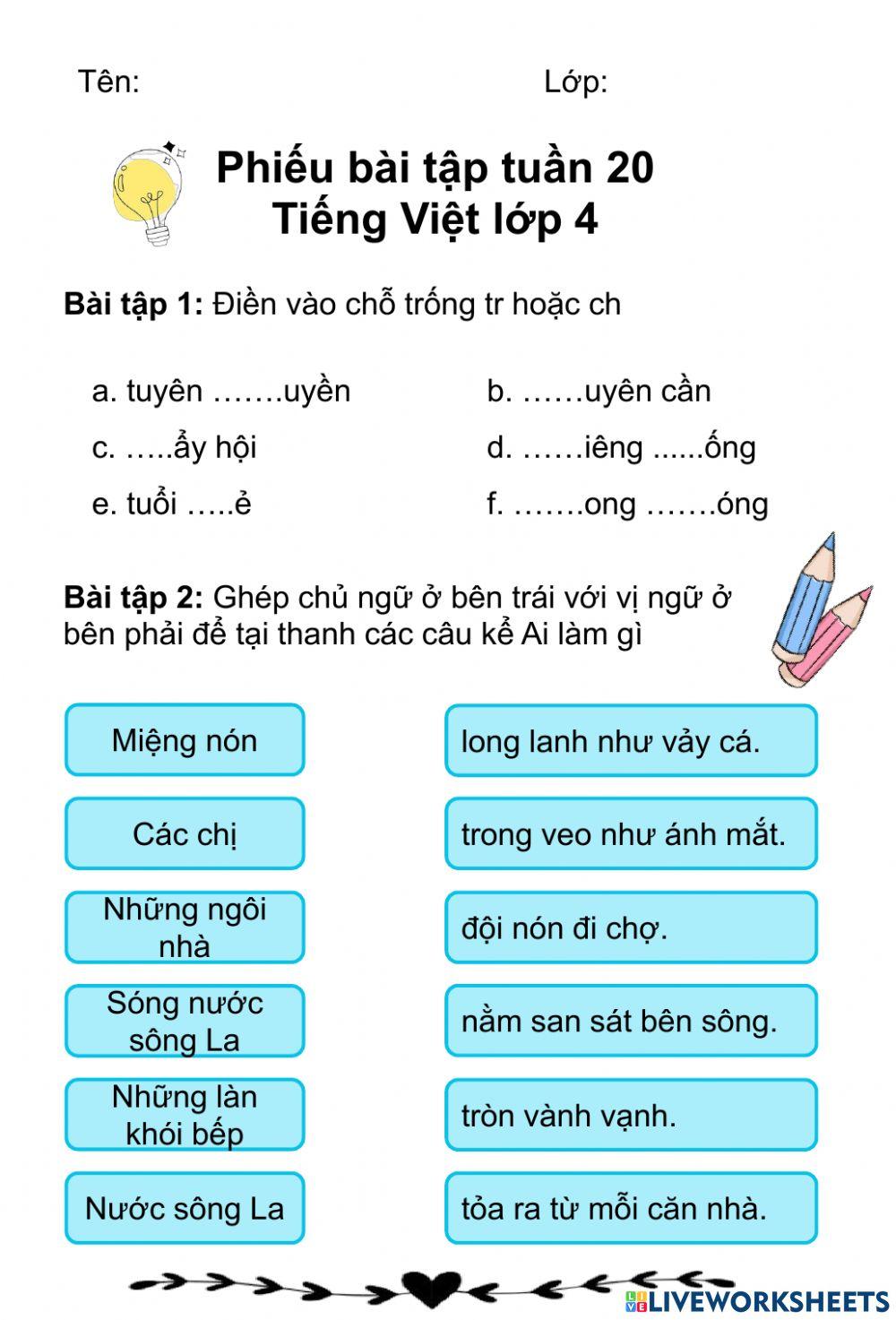 Phiếu bài tập tuần 20 Tiếng Việt lớp 4