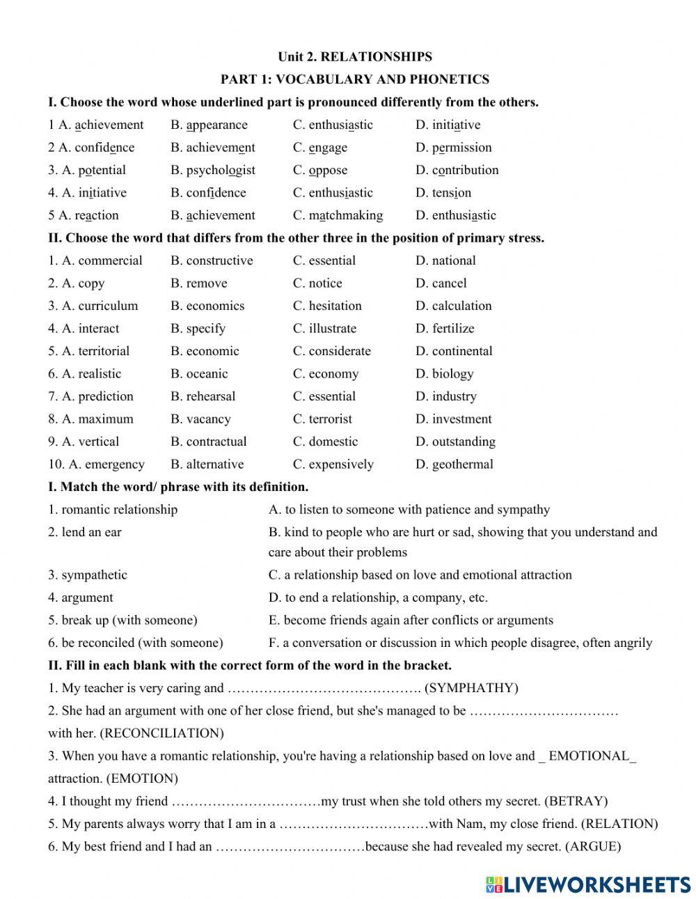 Unit 2. RELATIONSHIPS  PART 1: VOCABULARY AND PHONETICS