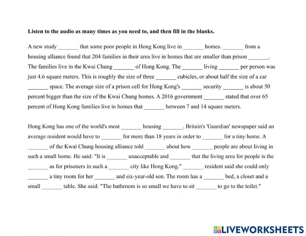 Accommodation-Tiny Homes HK Dictation Exercise