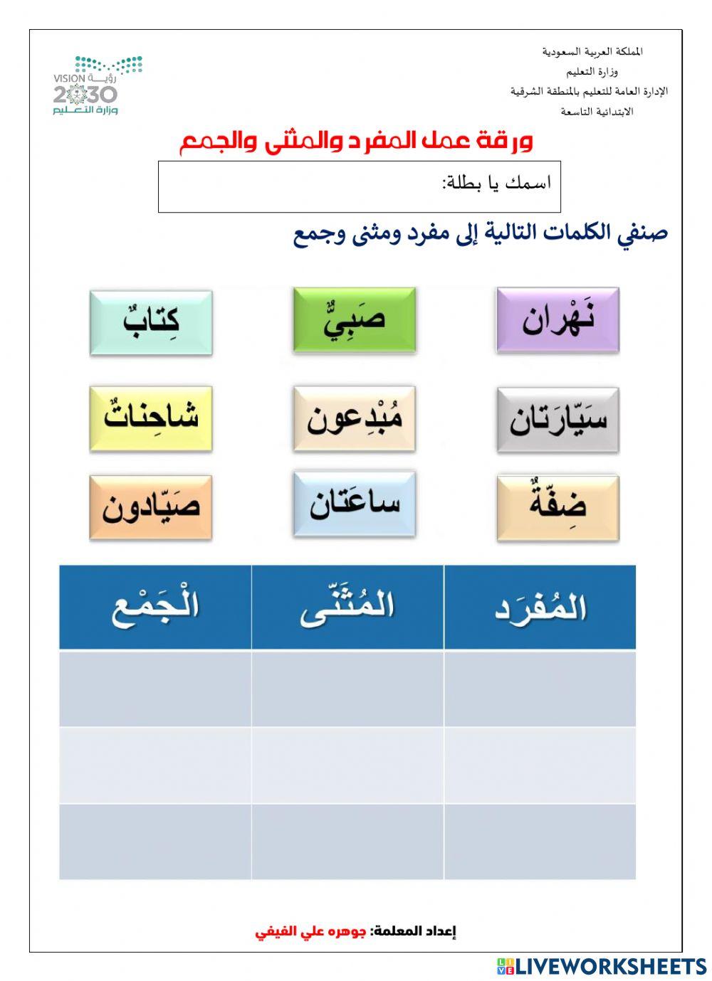 ورقة عمل المفرد والمثنى والجمع