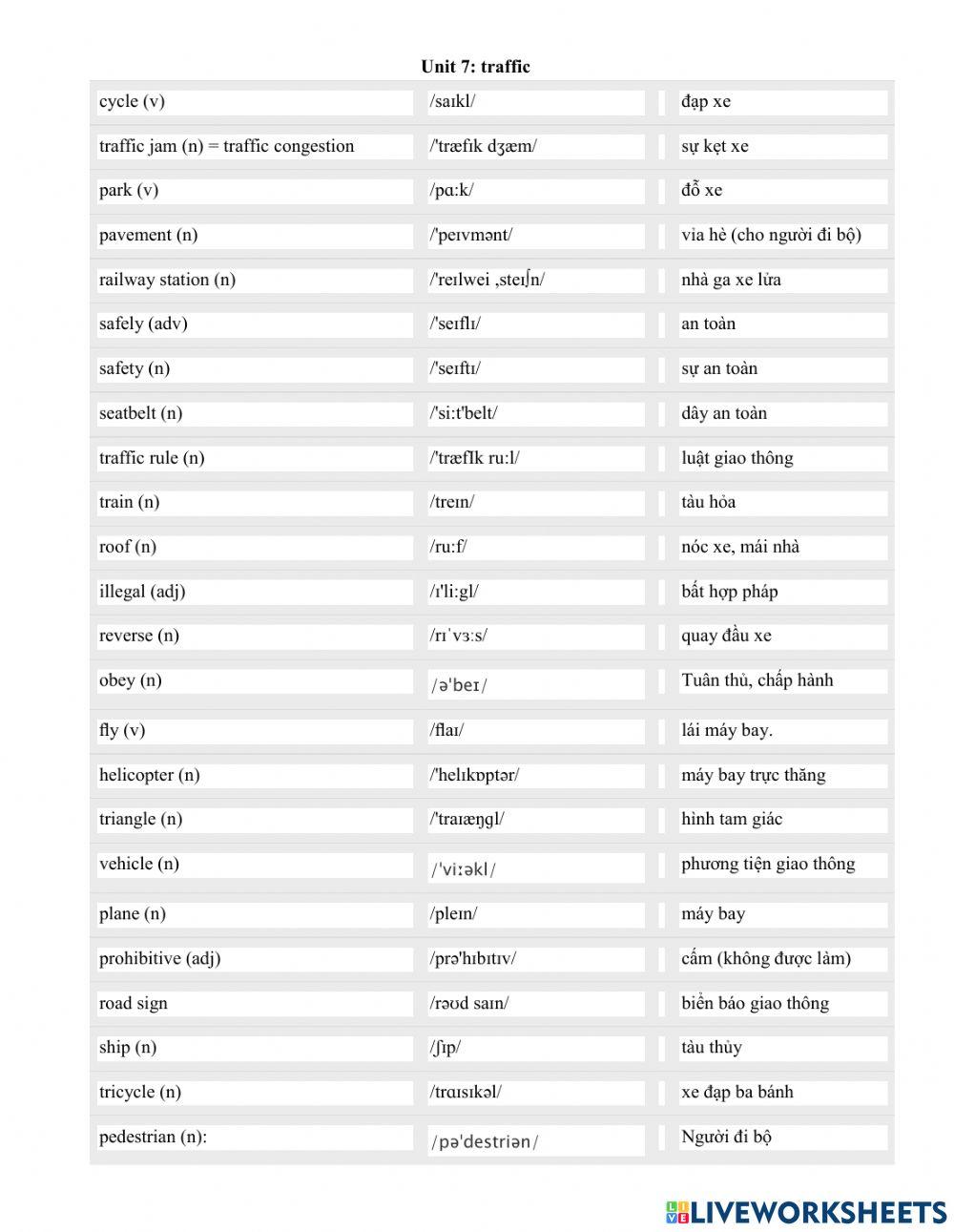 Grade 7 unit 7 traffic worksheet live worksheets