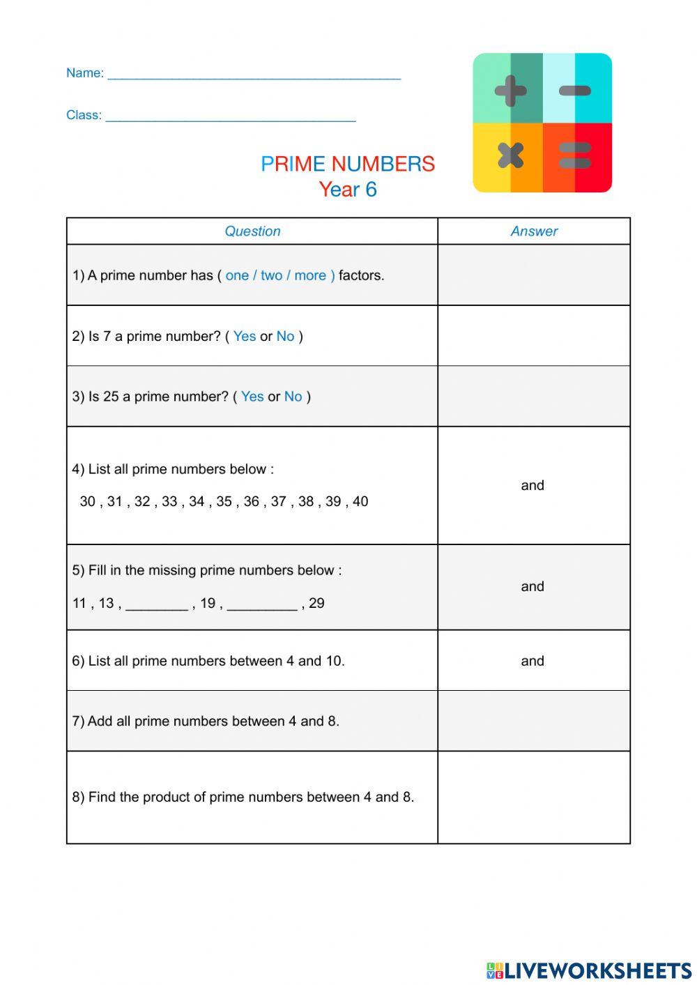 Prime Numbers Worksheet exercise Live Worksheets