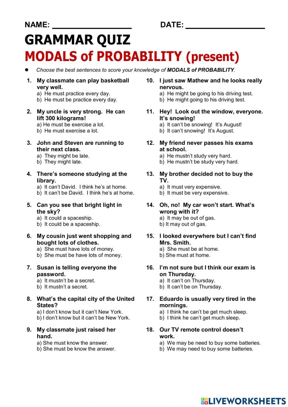 MODALS OF PROBABILITY IN PRESENT online exercise for | Live Worksheets