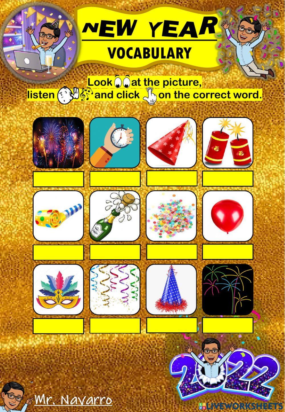 New Year Vocabulary (Look, listen and click)