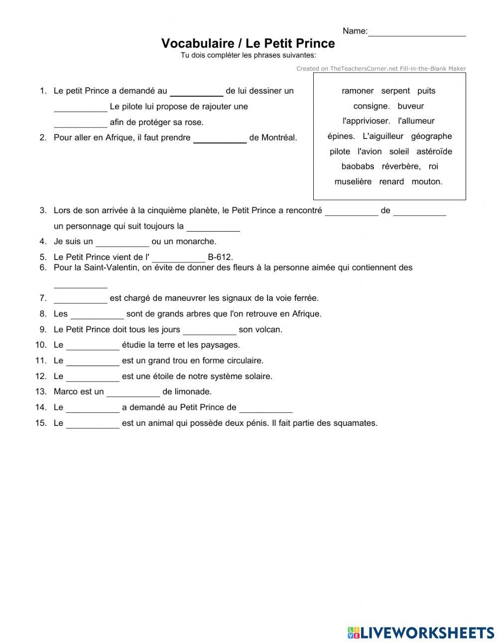 Le Petit Prince vocabulaire