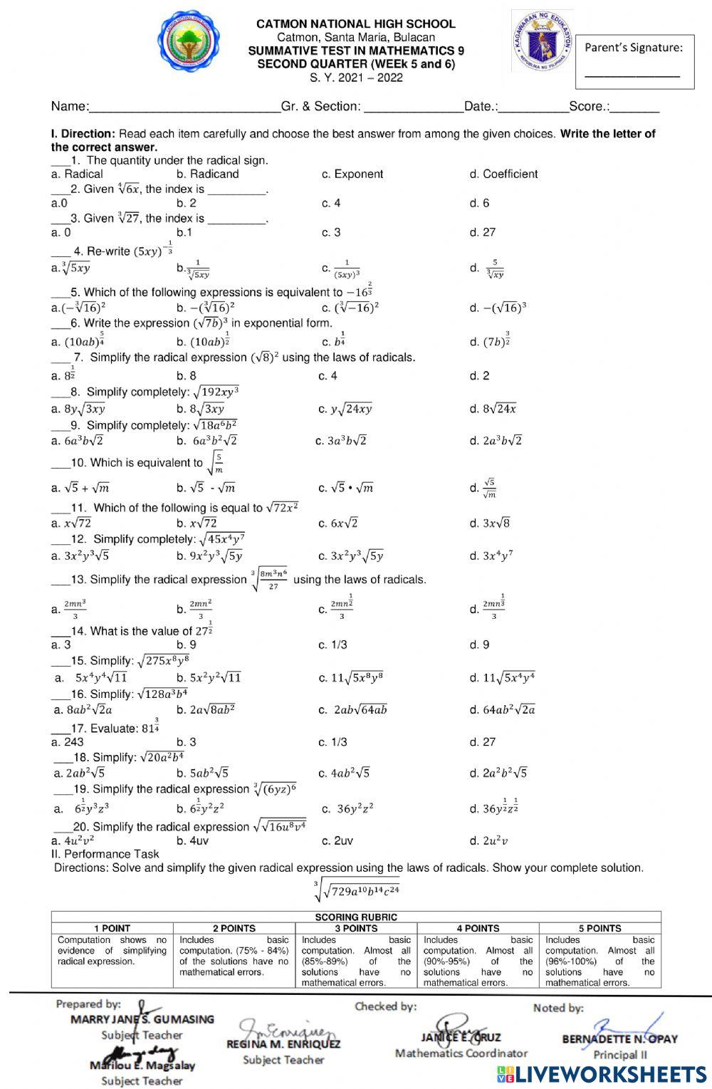 Q2 Summative Test Math 9 Week 5 and 6 online exercise for | Live Worksheets