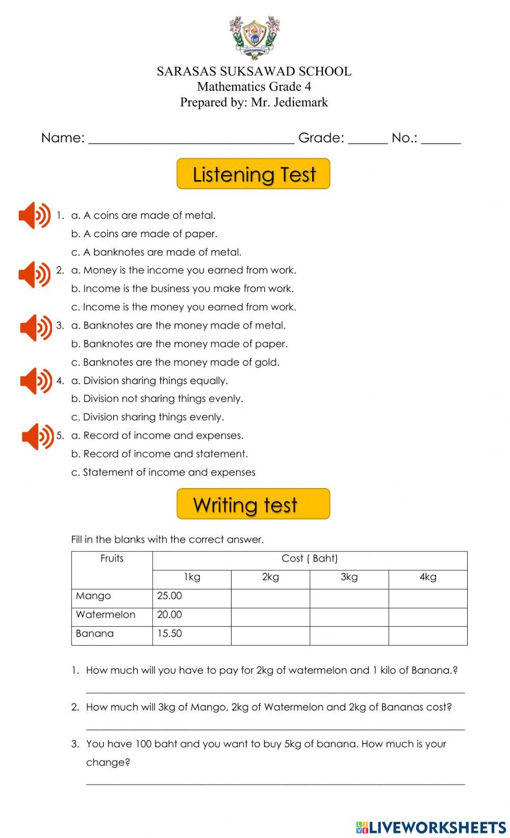 Listening and writing test