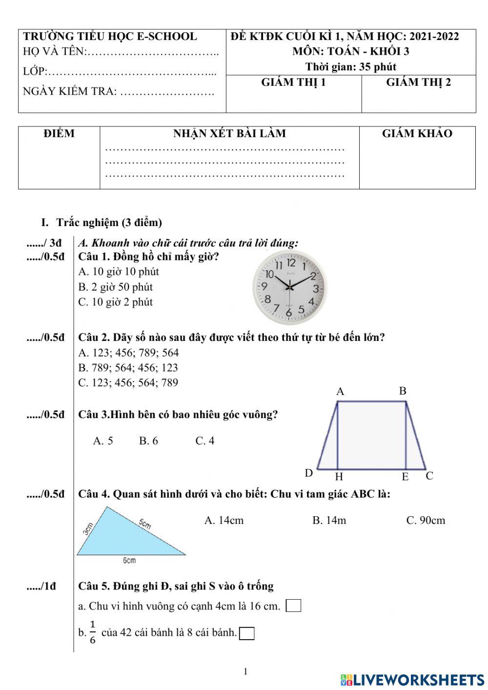 Toán-Lớp 3-Thi Cuối Kì I Toán-Lớp 3-Thi Cuối Kì I