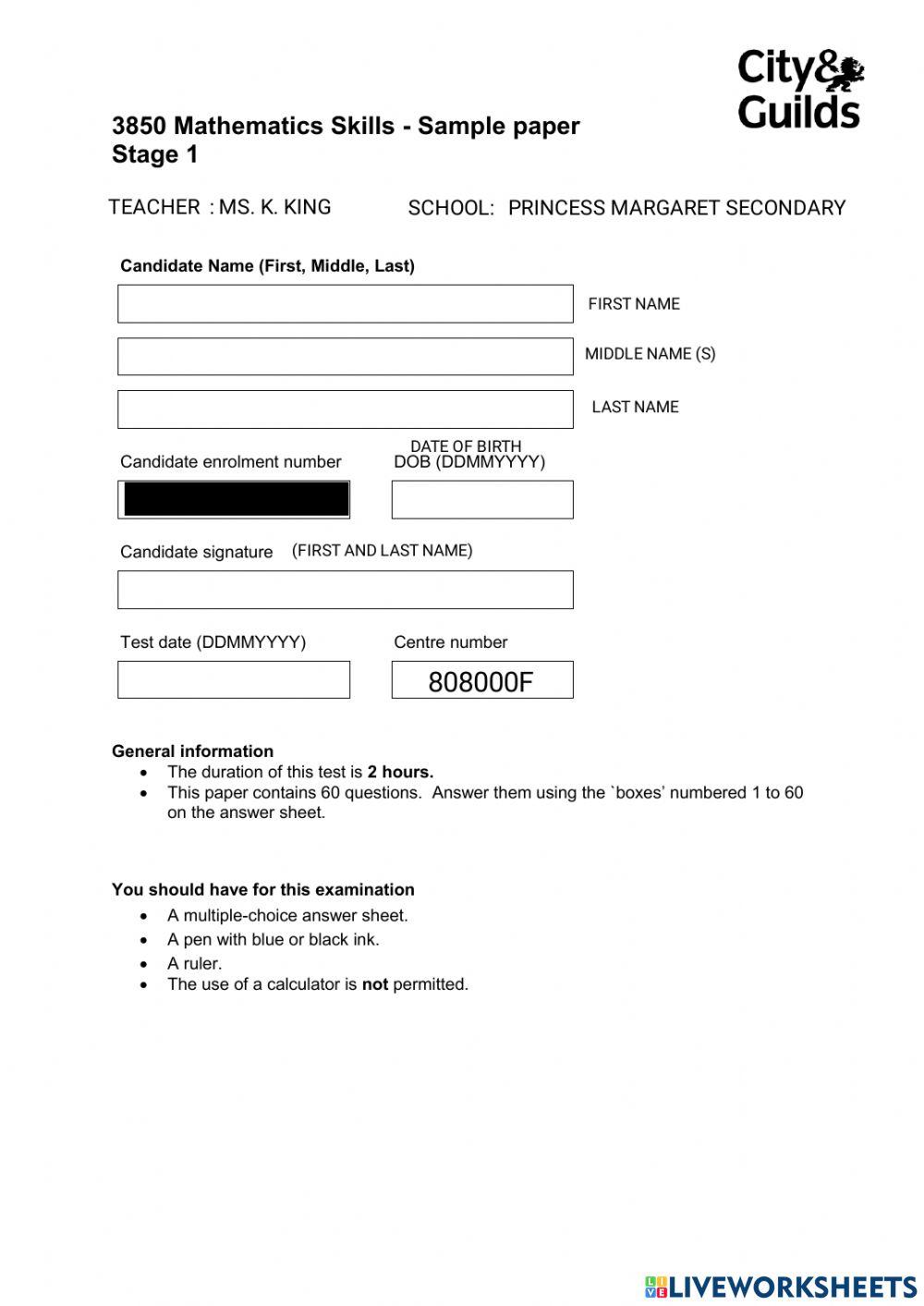 Sample Paper 1 - Part A of City and Guilds Math Stage 1