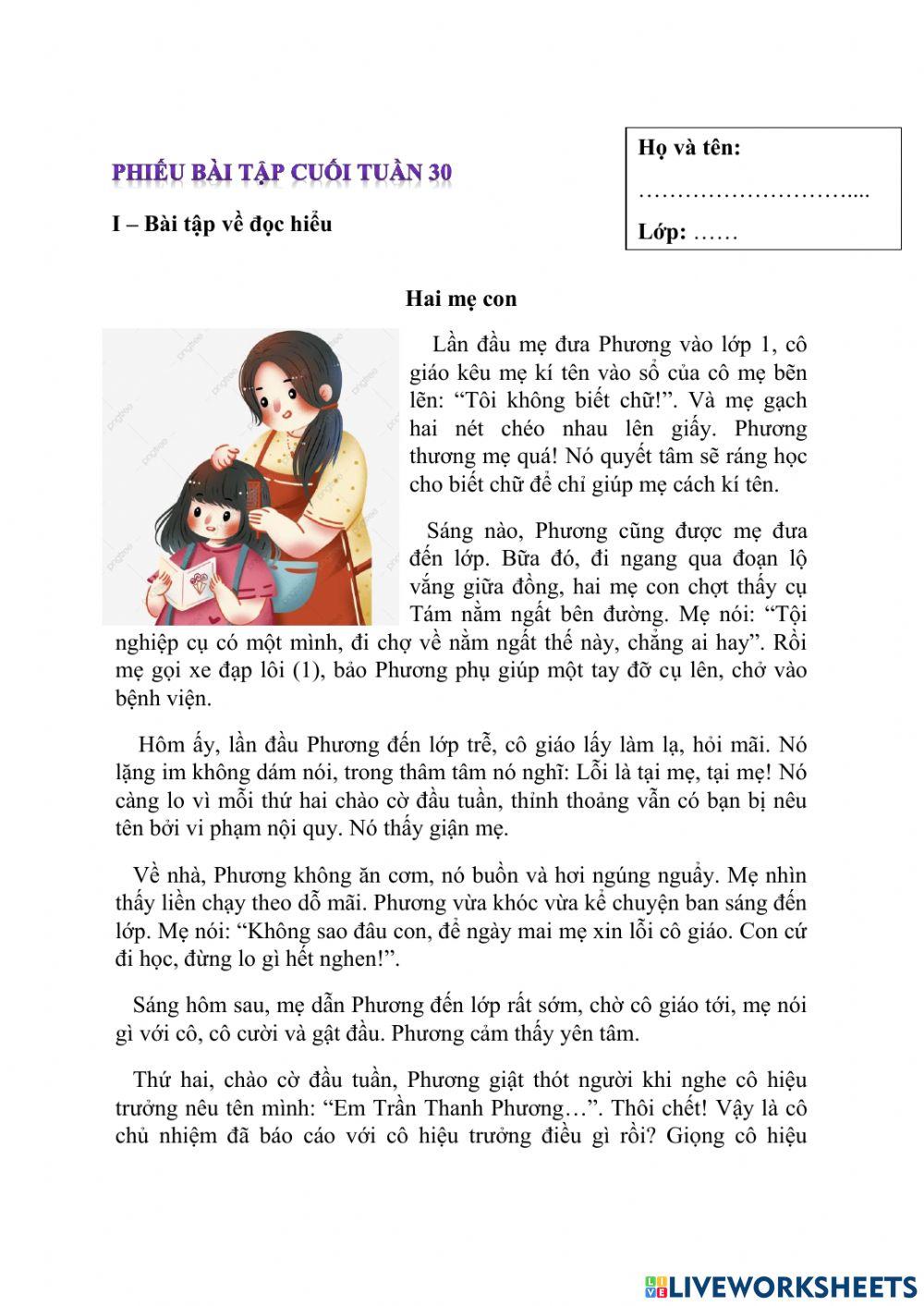 Phiếu bài tập cuối tuần 30