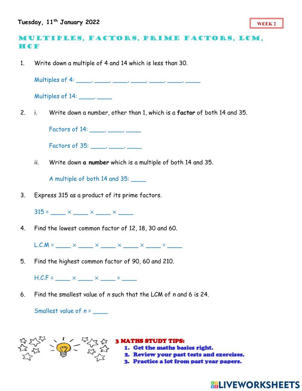 Multiples, Factors, Prime Factors, LCM, HCF online exercise for | Live ...