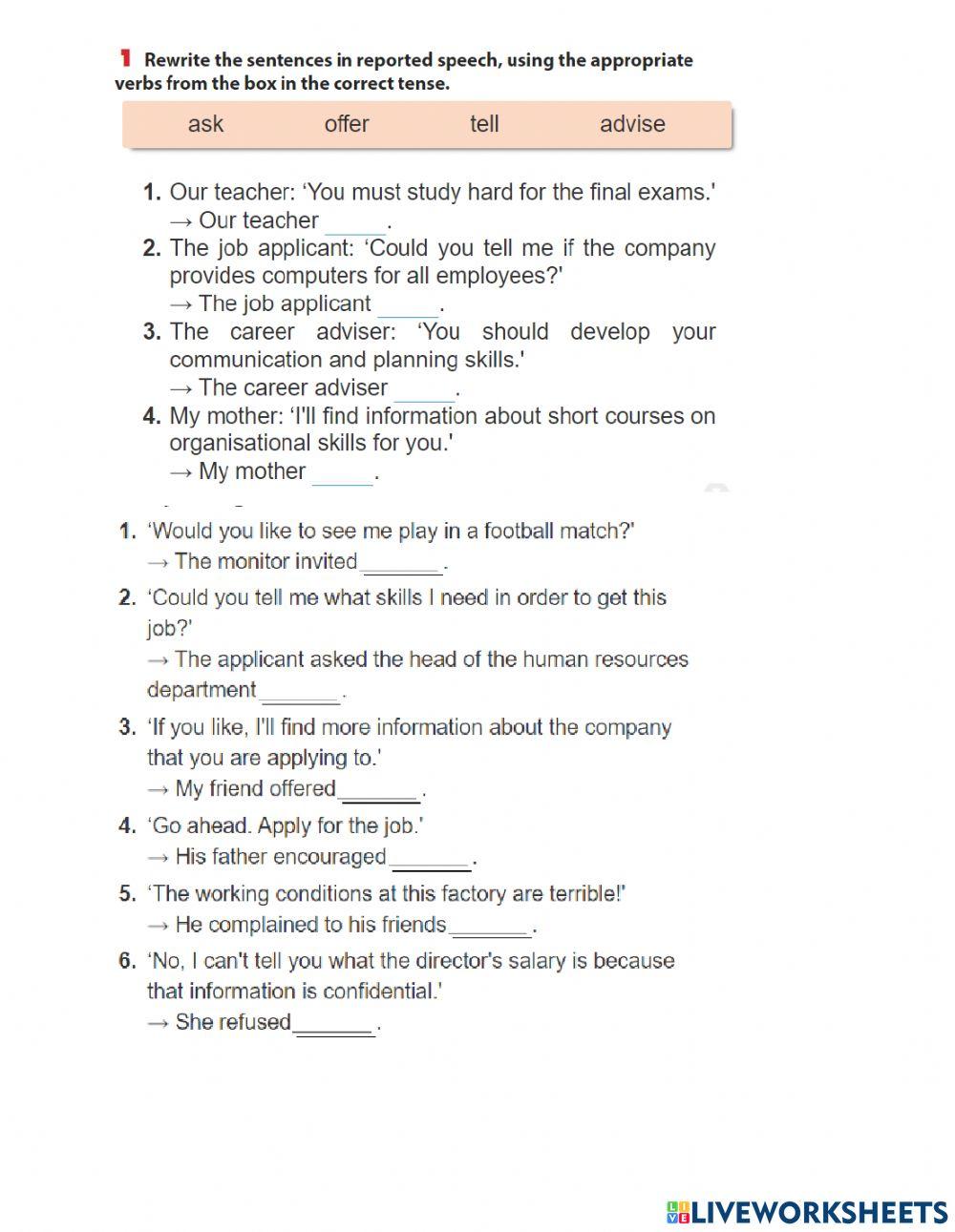 Reported Speech online exercise for 12 | Live Worksheets