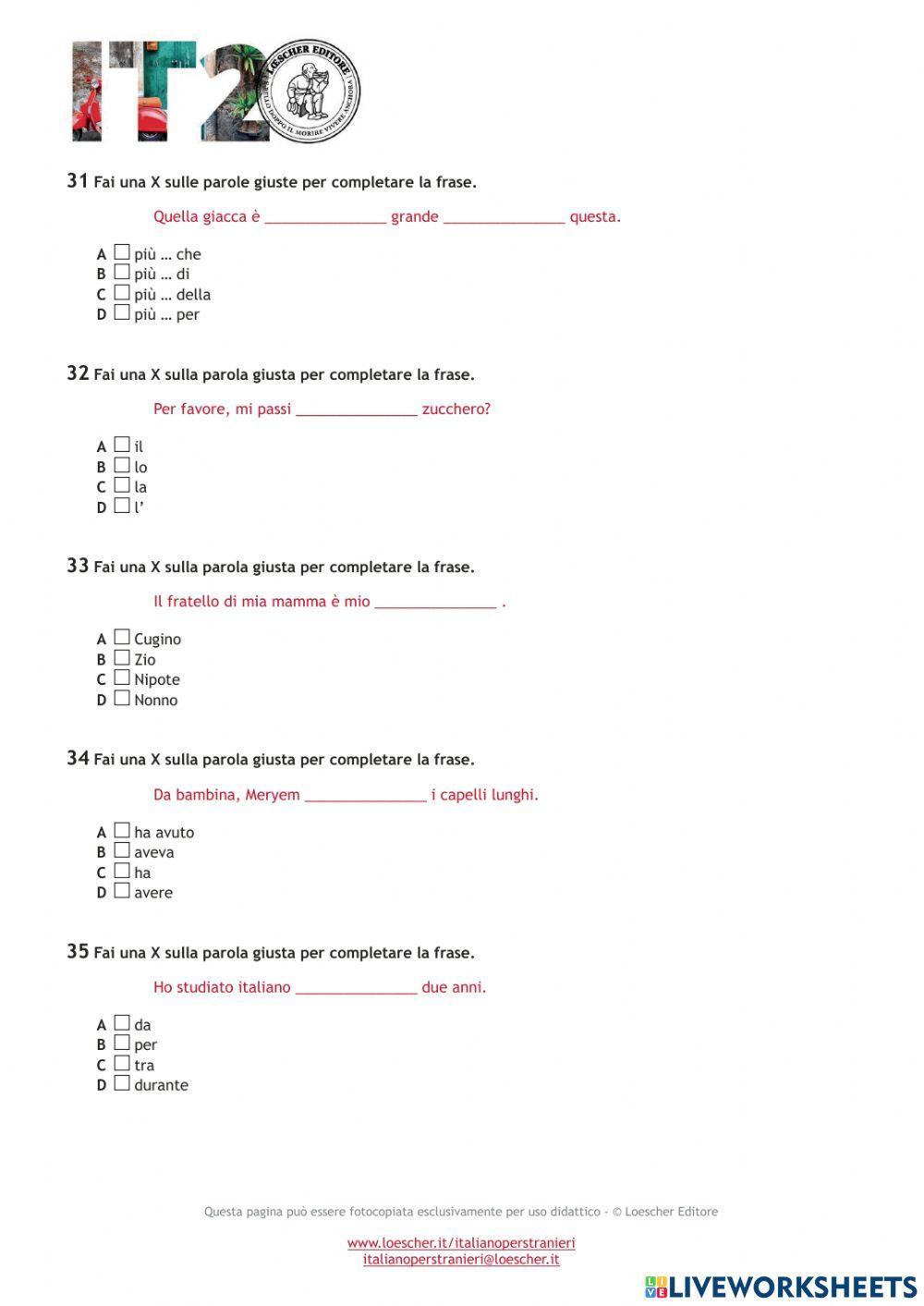 ITALIANO A2 TEST DI AUTOVALUTAZIONE 