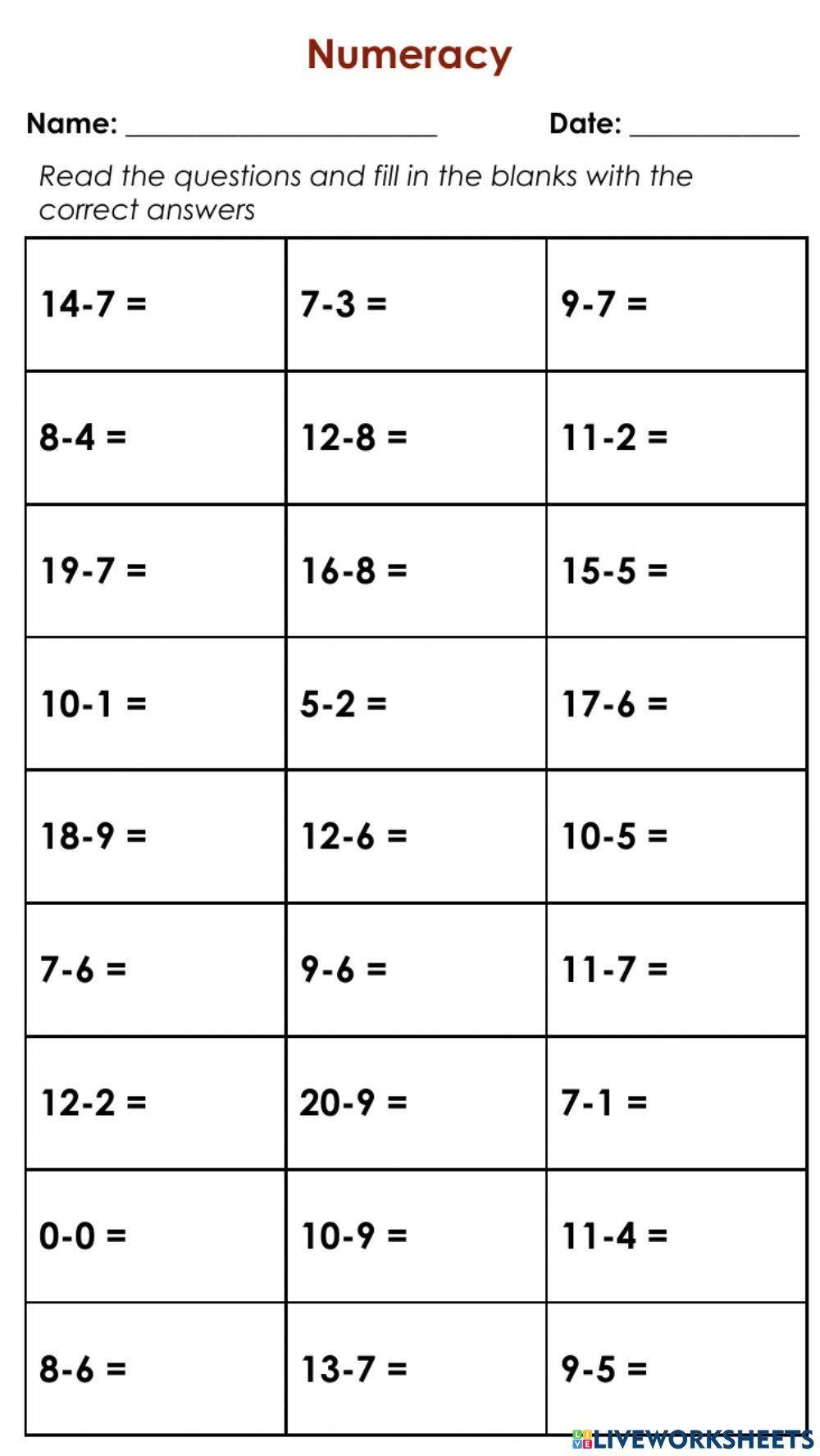 Addition and Subtraction (up to 20)