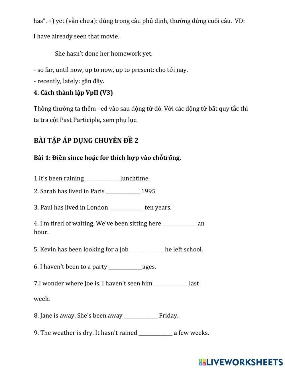 Chuyên đề 2. Hiện tại hoàn thành