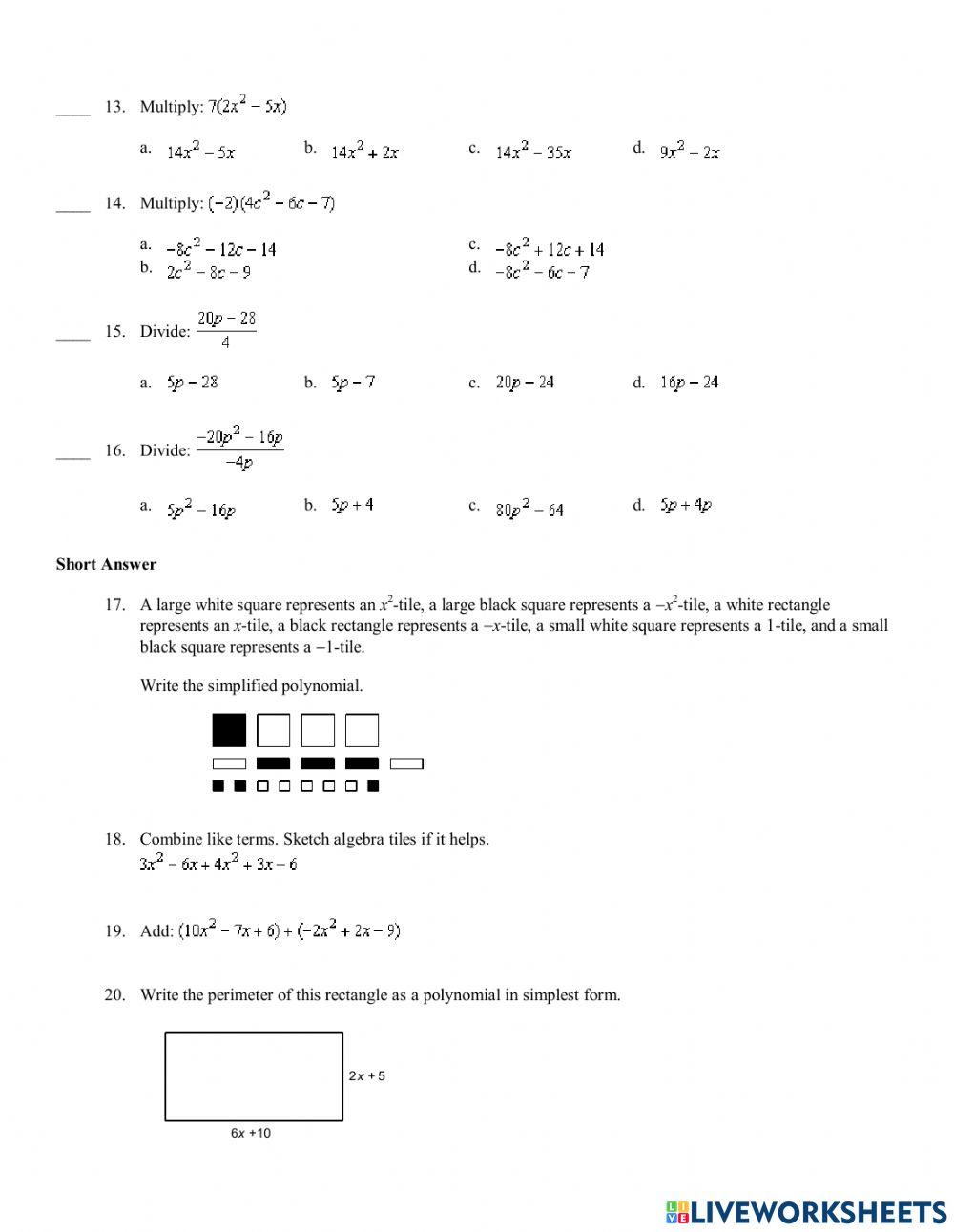 Polynomials Grade 8 Enriched online exercise for | Live Worksheets