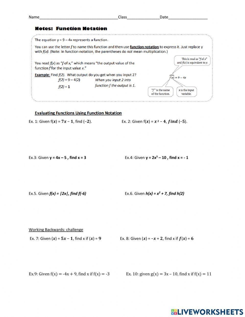 Evaluating Functions online exercise for Live Worksheets