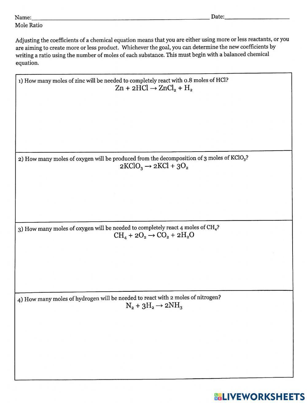 Ratio practice in chemical equations