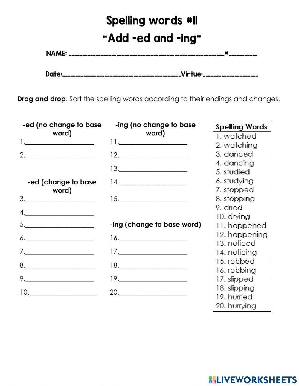 Add ed and ing worksheet Live Worksheets