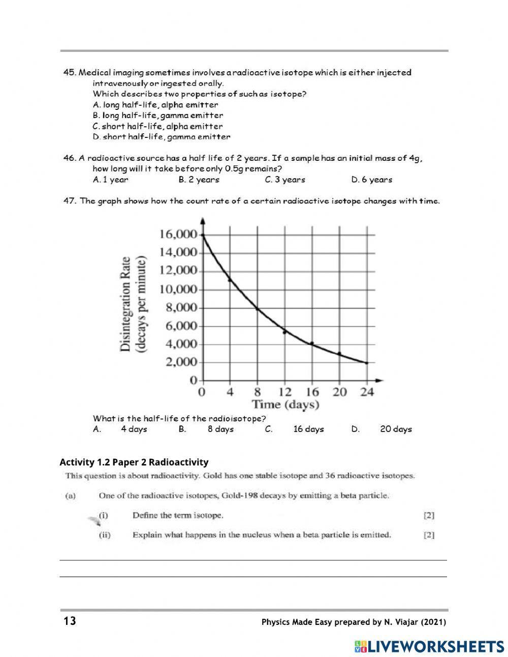 Activity 1.1 Radioactivity Multiple Choice