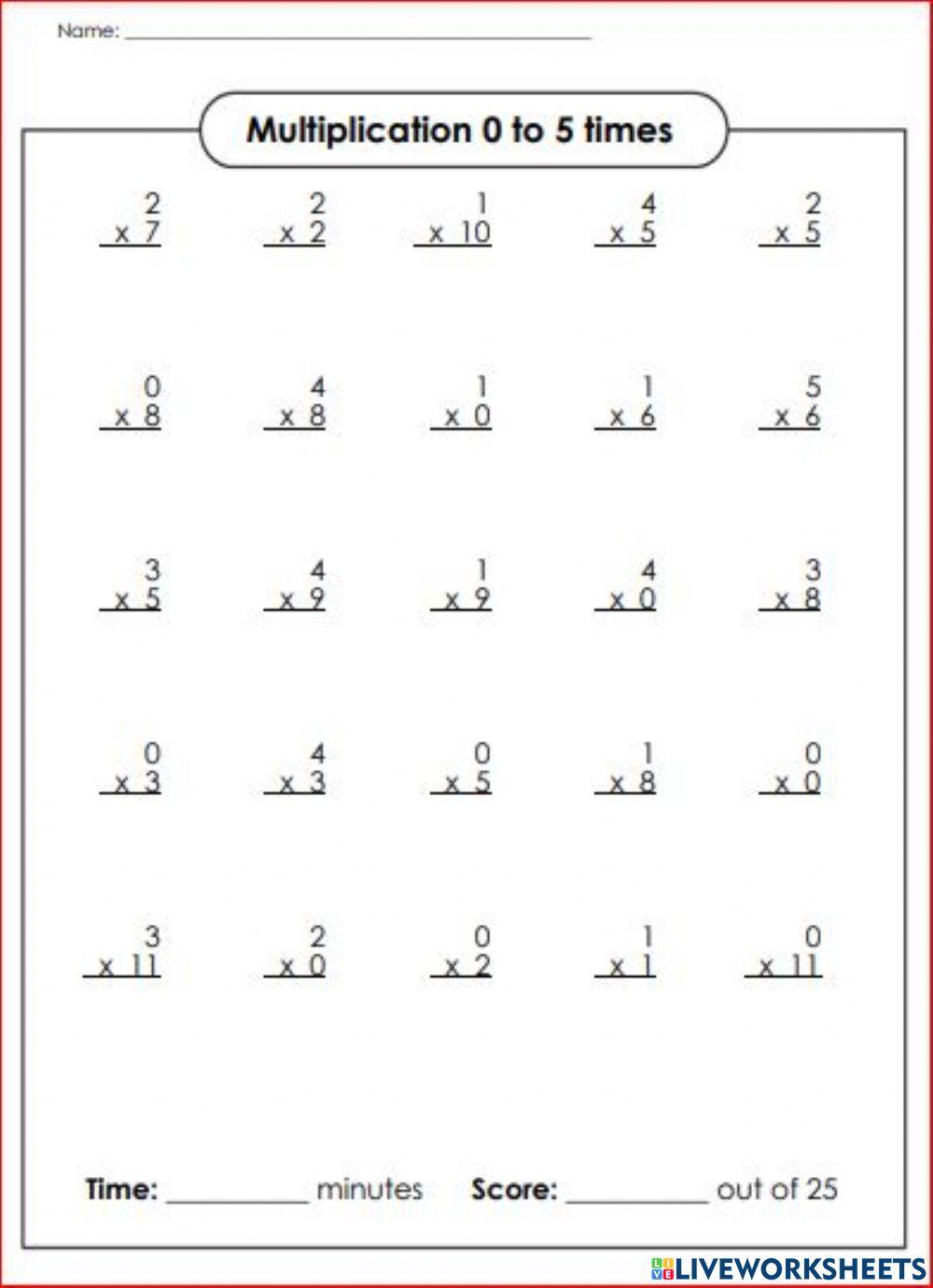 Multiplication 0 to 5 times review