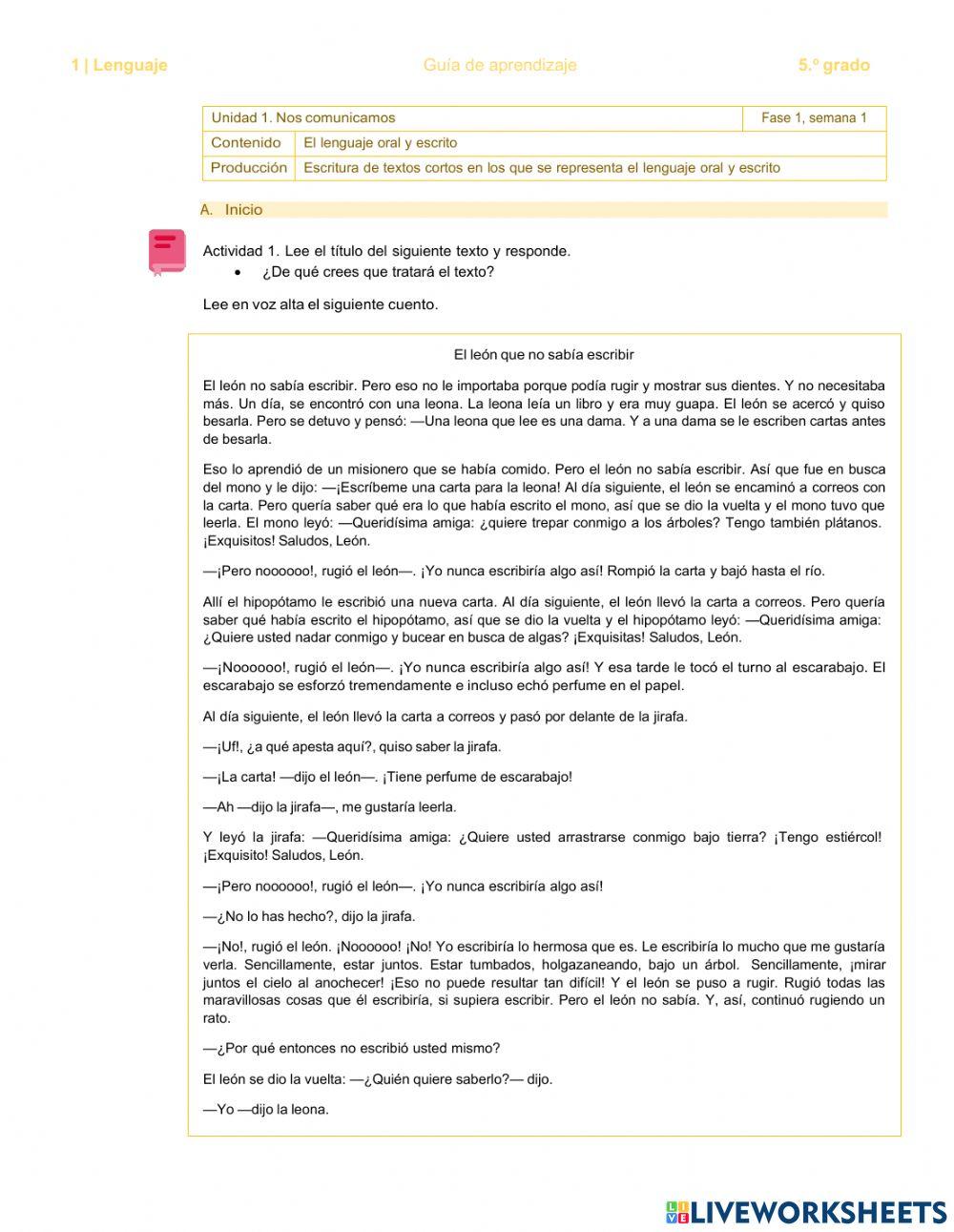 SEMANA 1 LENGUAJE. QUINTO GRADO