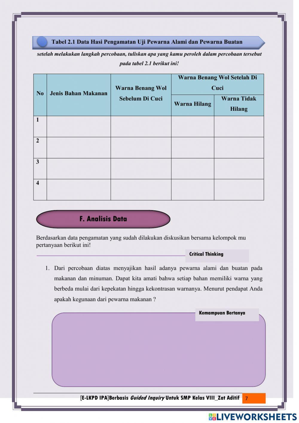 Lembar Kegiatan 1  Menguji Zat Pewarna