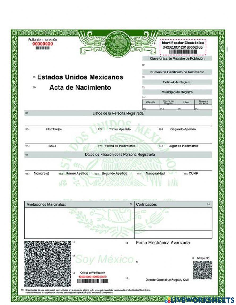 Acta de nacimiento huevo bebé