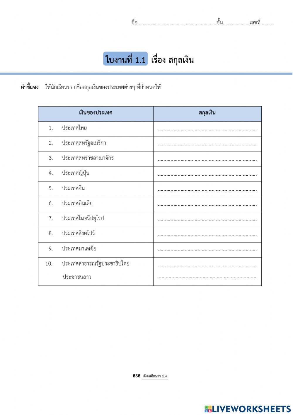 ใบงานที่ 1.1 สกุลเงิน
