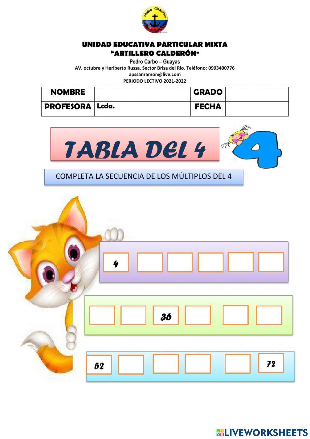 Tabla de multiplicar del cuatro