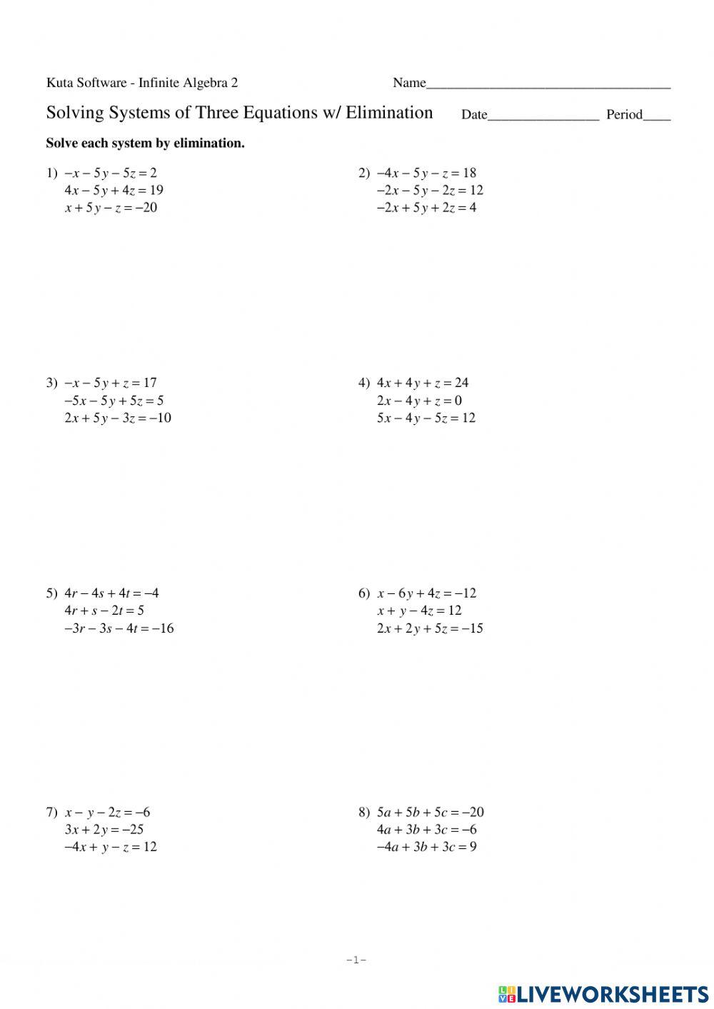 3 variable system of equations online exercise for | Live Worksheets