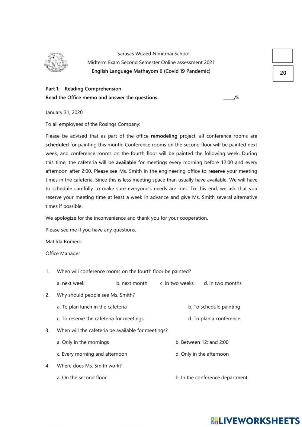 Grade 12 Mid-term assessment Second semester 2021