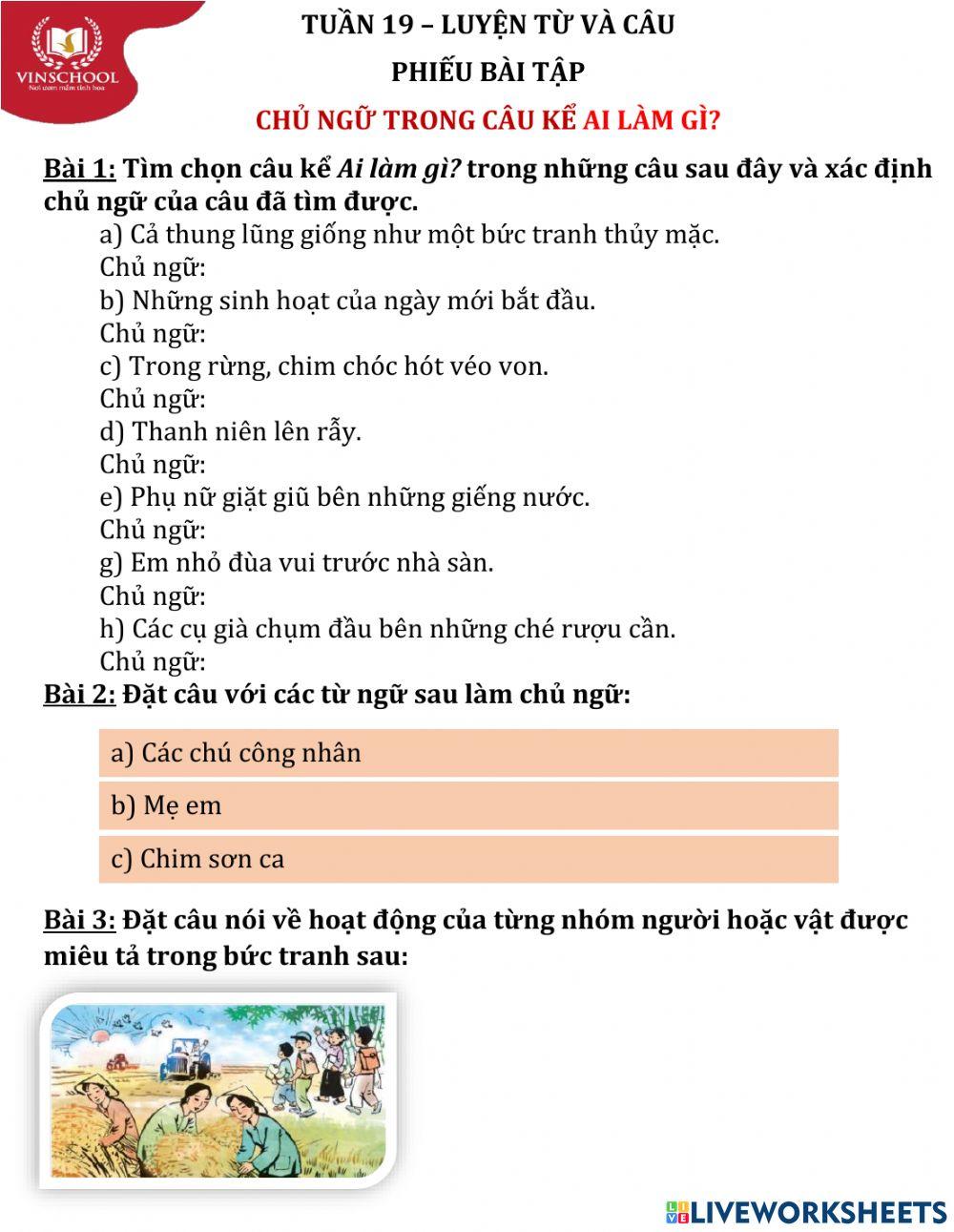 Tuần 19-LTVC-Chủ ngữ trong câu kể Ai làm gì?