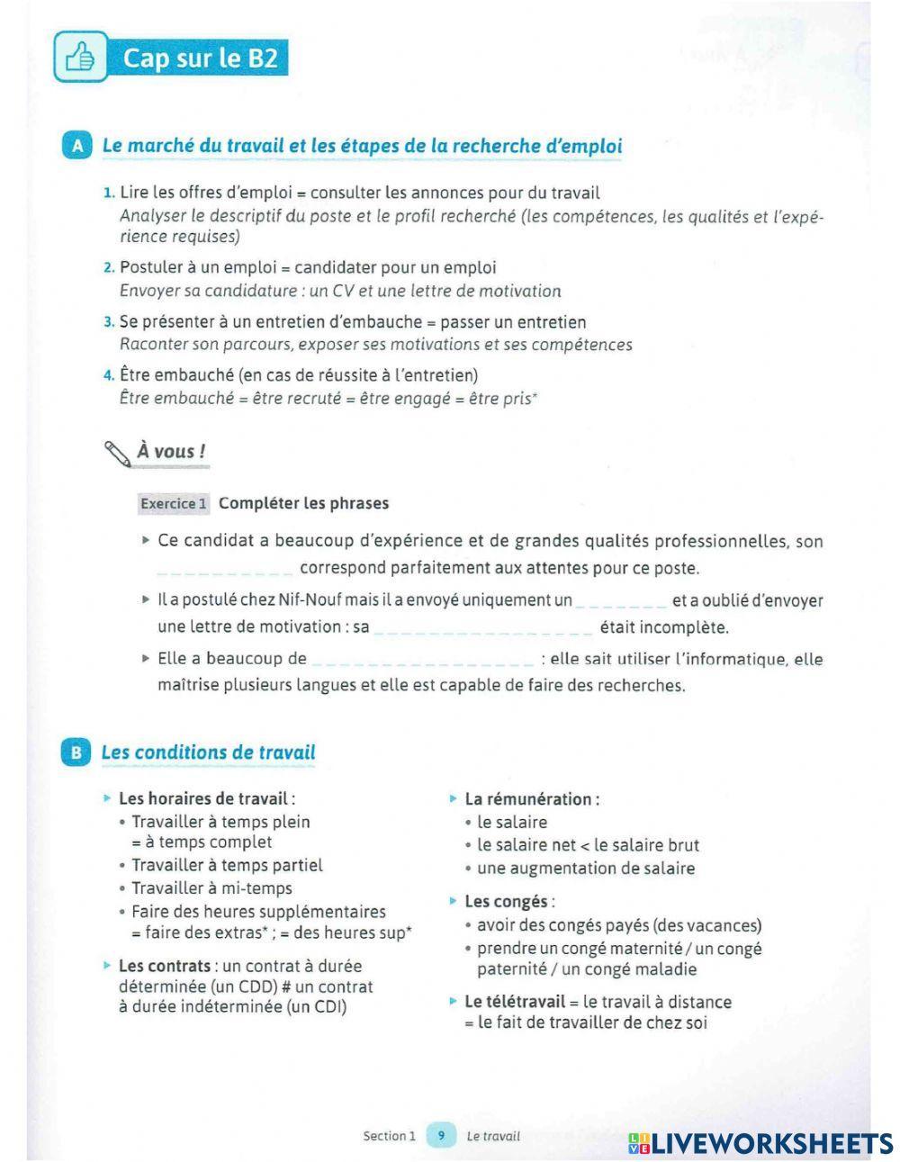 Exercice de vocab TRAVAIL