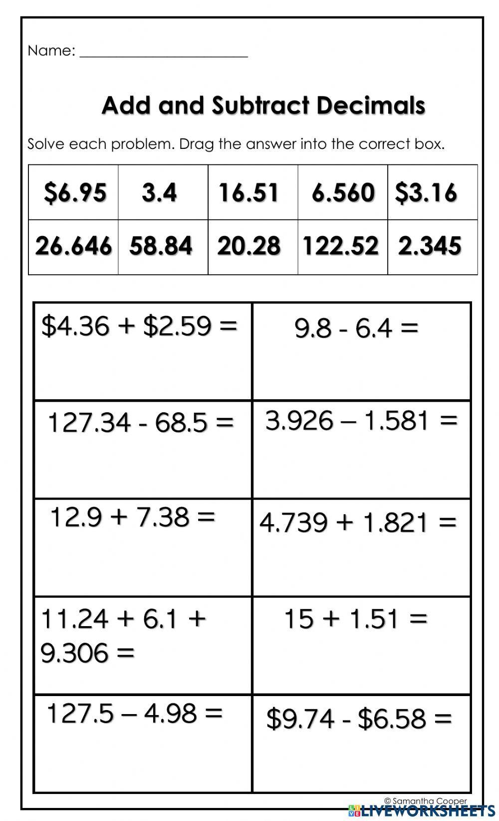 Add and Subtract Decimals