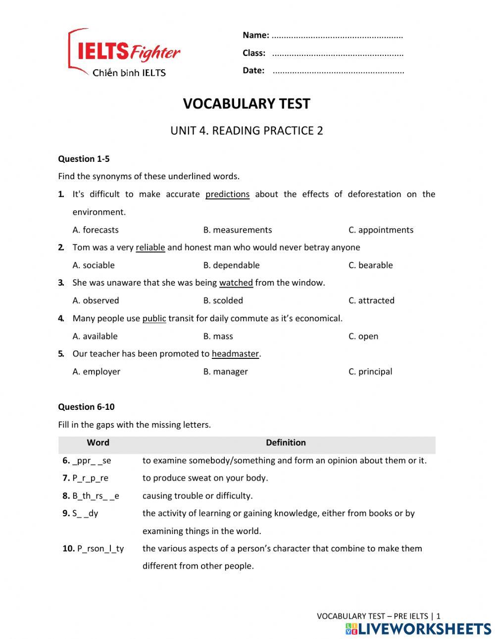 Vocabulary test  unit 4. reading practice 2
