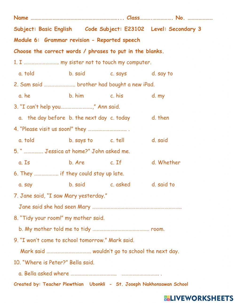 Basic English Secondary 3 : Formative 2 Accessment
