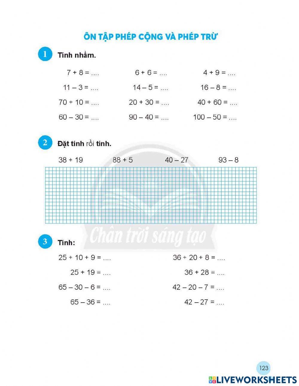 Phiếu bài tập toán trang 123 lớp 2