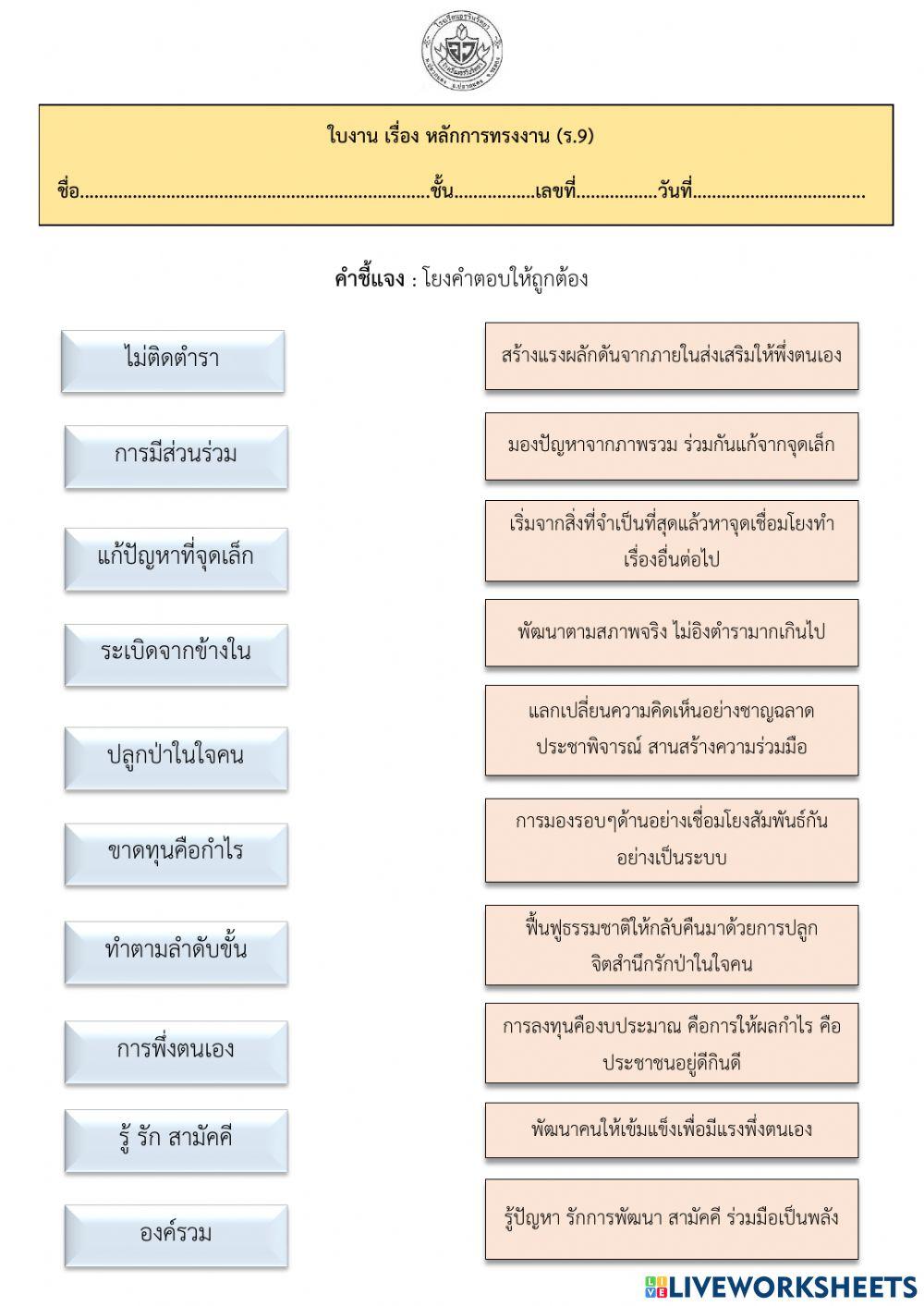 ม.1 ใบงานเศรษฐศาสตร์ เรื่อง หลักการทรงงาน ร.9