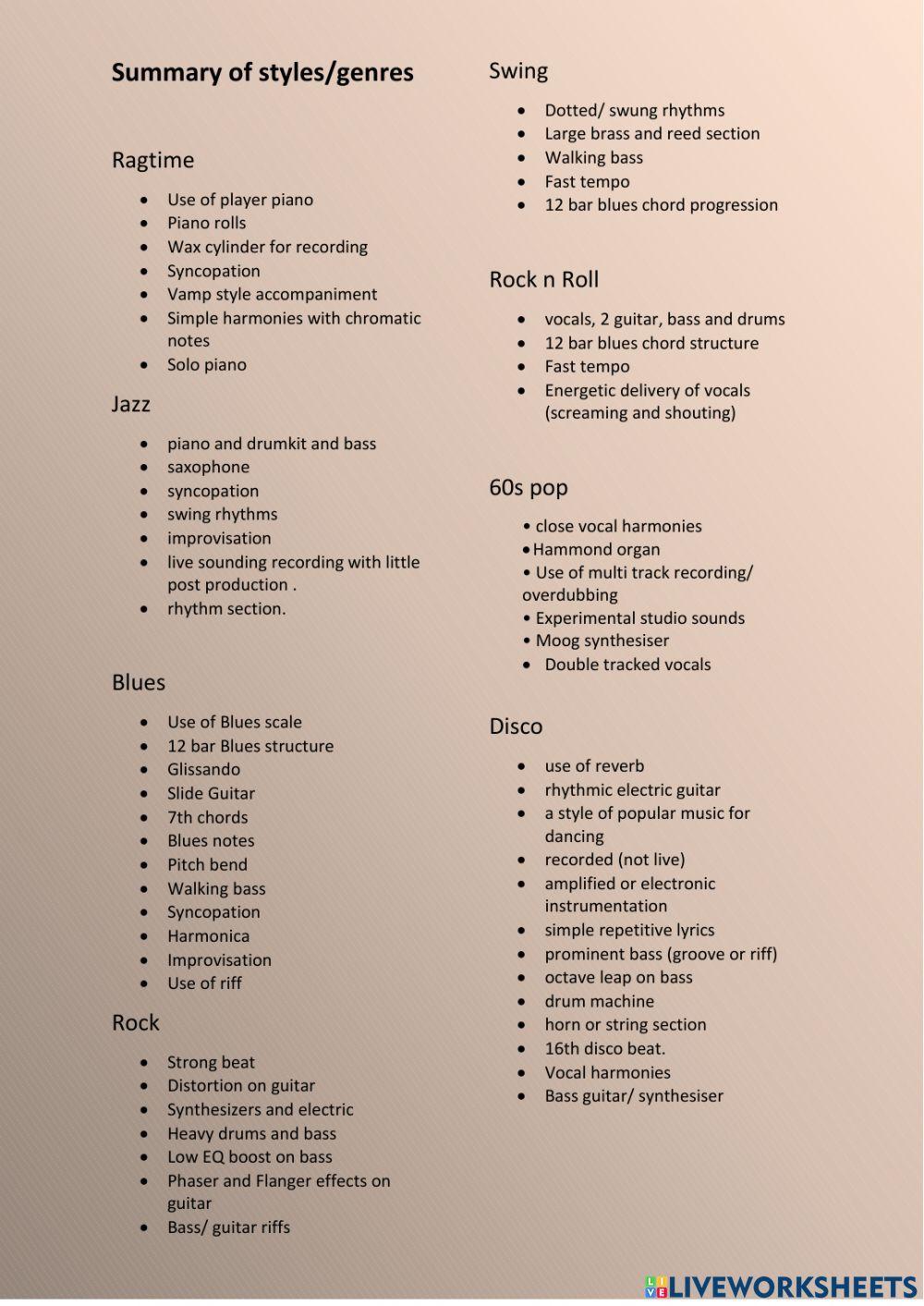 Nat 5 Music Tech styles summary