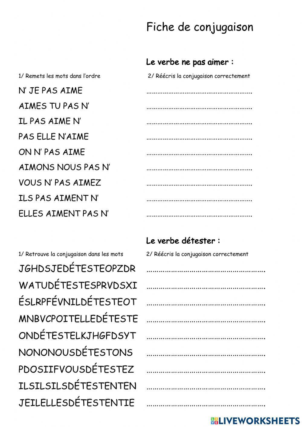 Conjugaison des verbes AIMER - ADORER - NE PAS AIMER - DÉTESTER