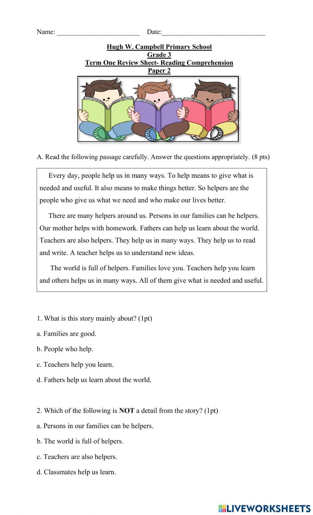 Reading Comprehension Review Sheet 2