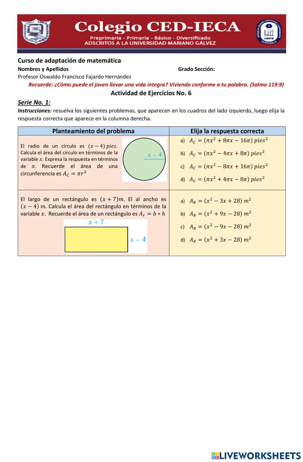 Actividad de ejercicios No. 6. MATEMÁTICAS