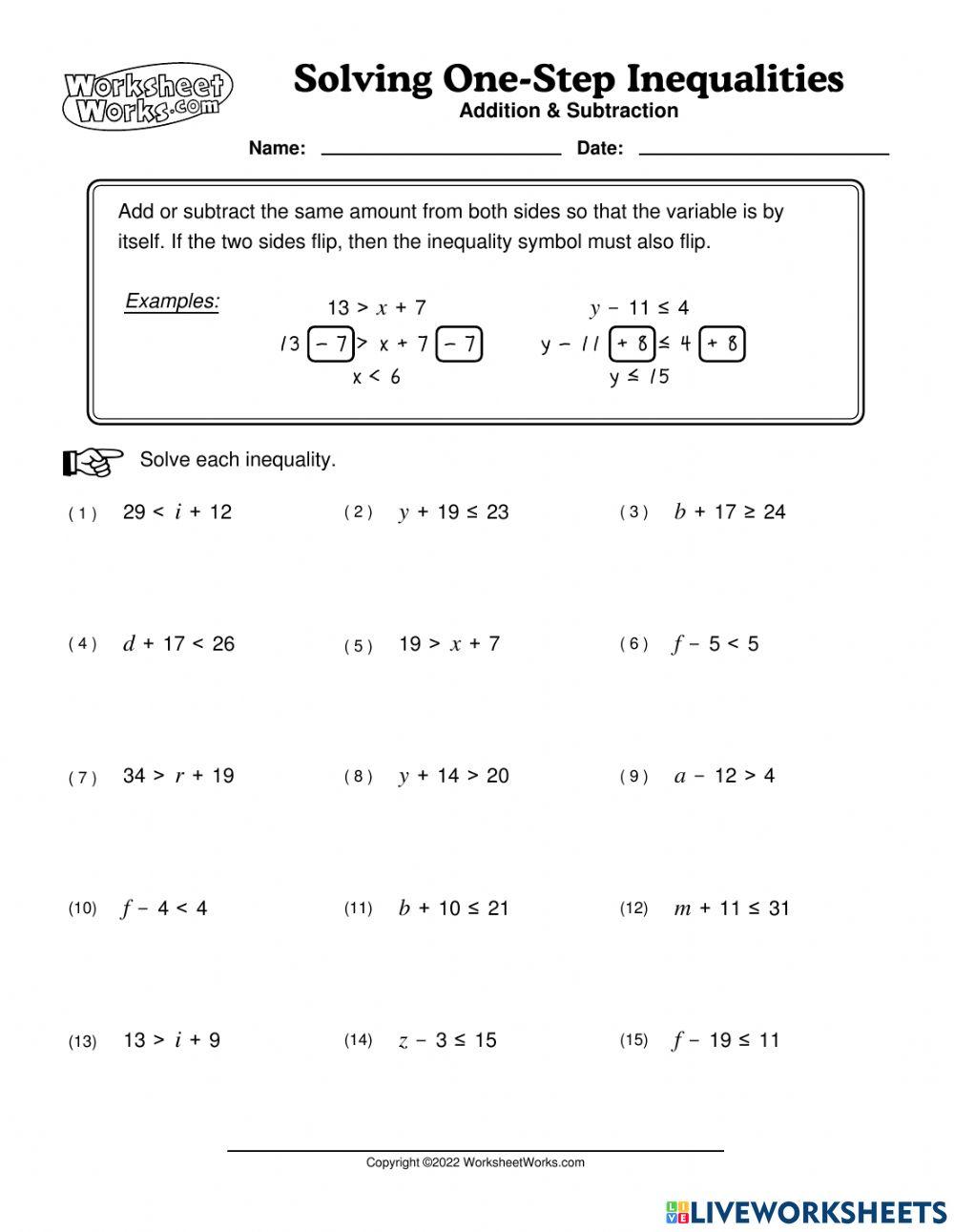 Solving One Step Inequalities online exercise for Live Worksheets