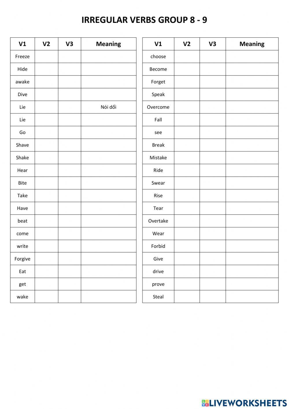 Irregular Verb Test Group 8-9