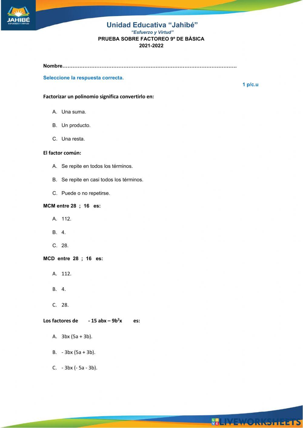 PRUEBA factor común 9º DE BÁSICA