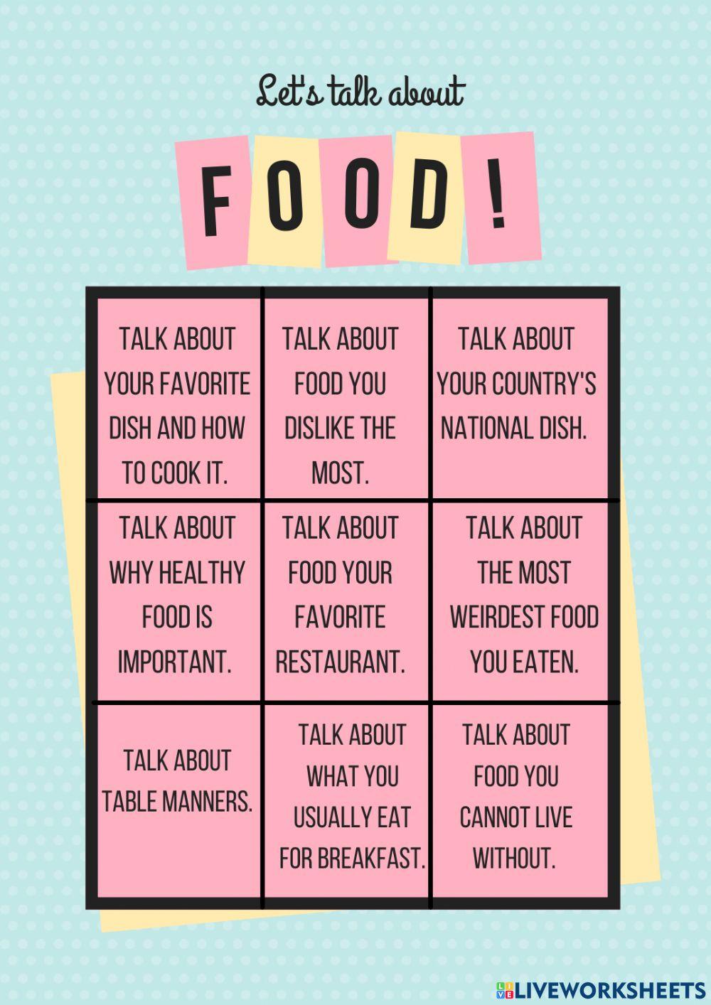Discussion cards about food